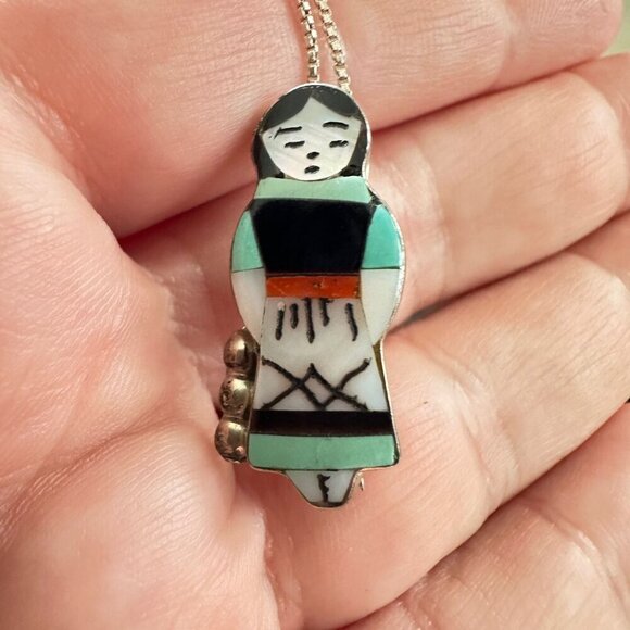 Native American Zuni Maiden Pendant Theresa Waseta Inlay Gemstone Necklace - Picture 6 of 7